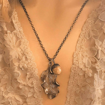 Moonstone Acorn Oak Leaf Necklace, Antique Bronze