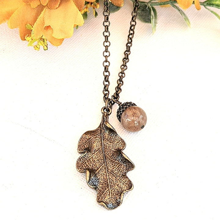 Moonstone Acorn Oak Leaf Necklace, Antique Bronze