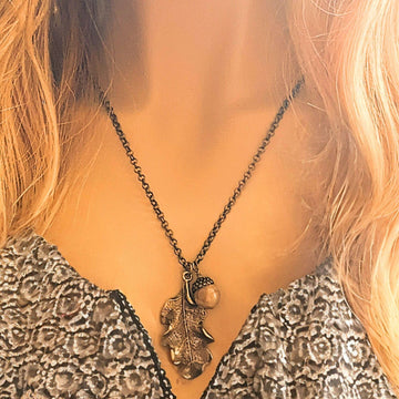 Moonstone Acorn Oak Leaf Necklace, Antique Bronze