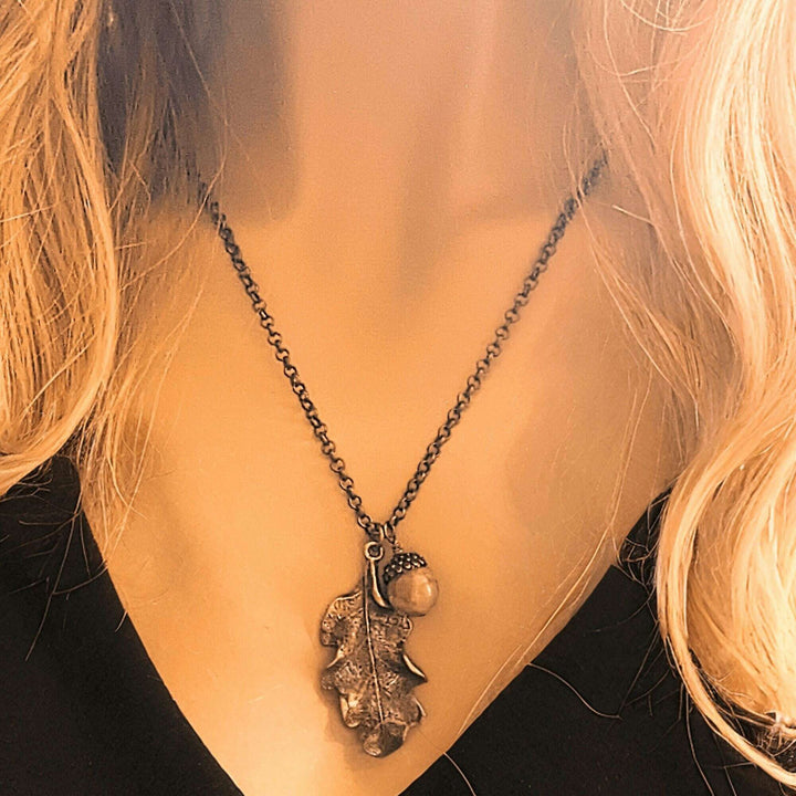 Moonstone Acorn Oak Leaf Necklace, Antique Bronze