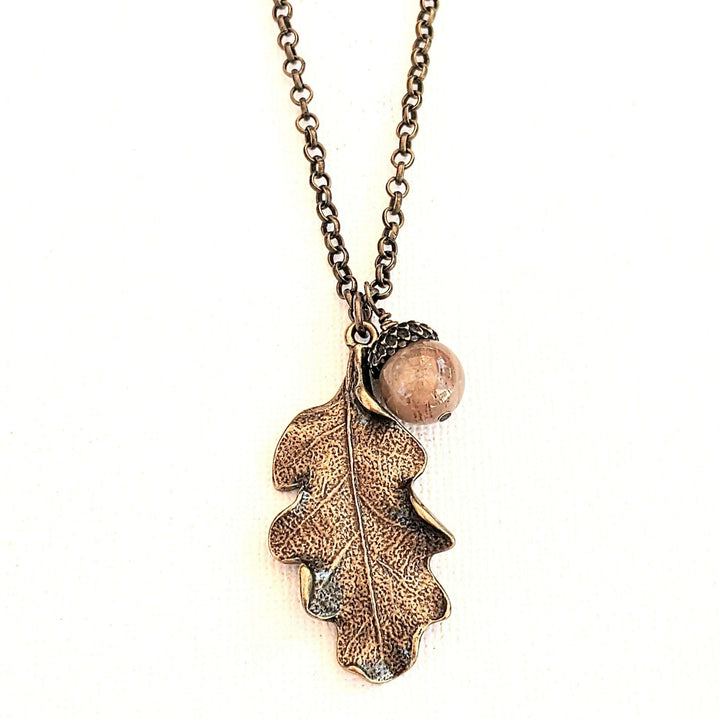 Moonstone Acorn Oak Leaf Necklace, Antique Bronze
