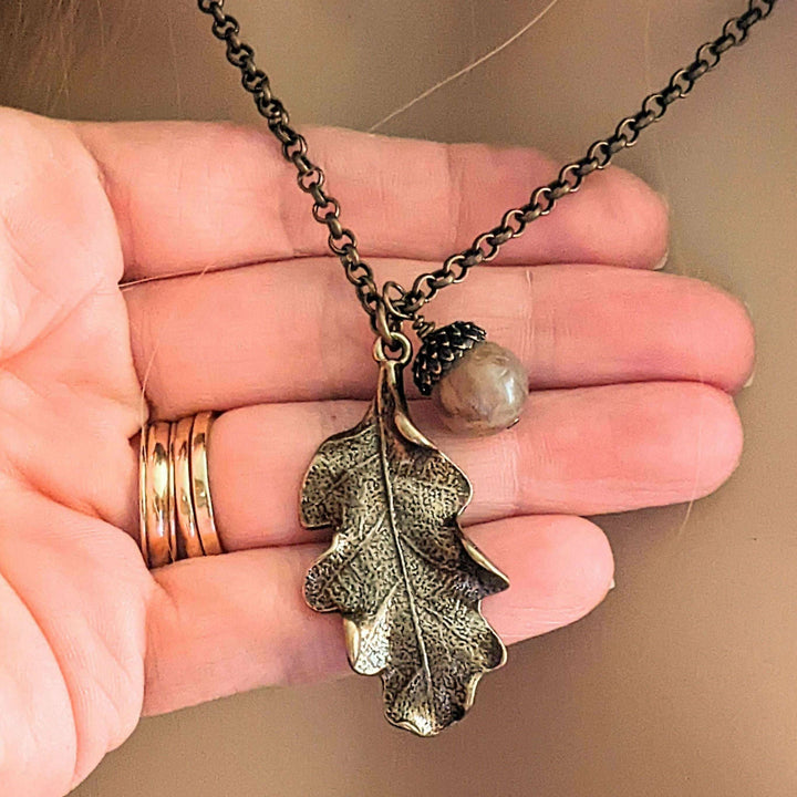 Moonstone Acorn Oak Leaf Necklace, Antique Bronze