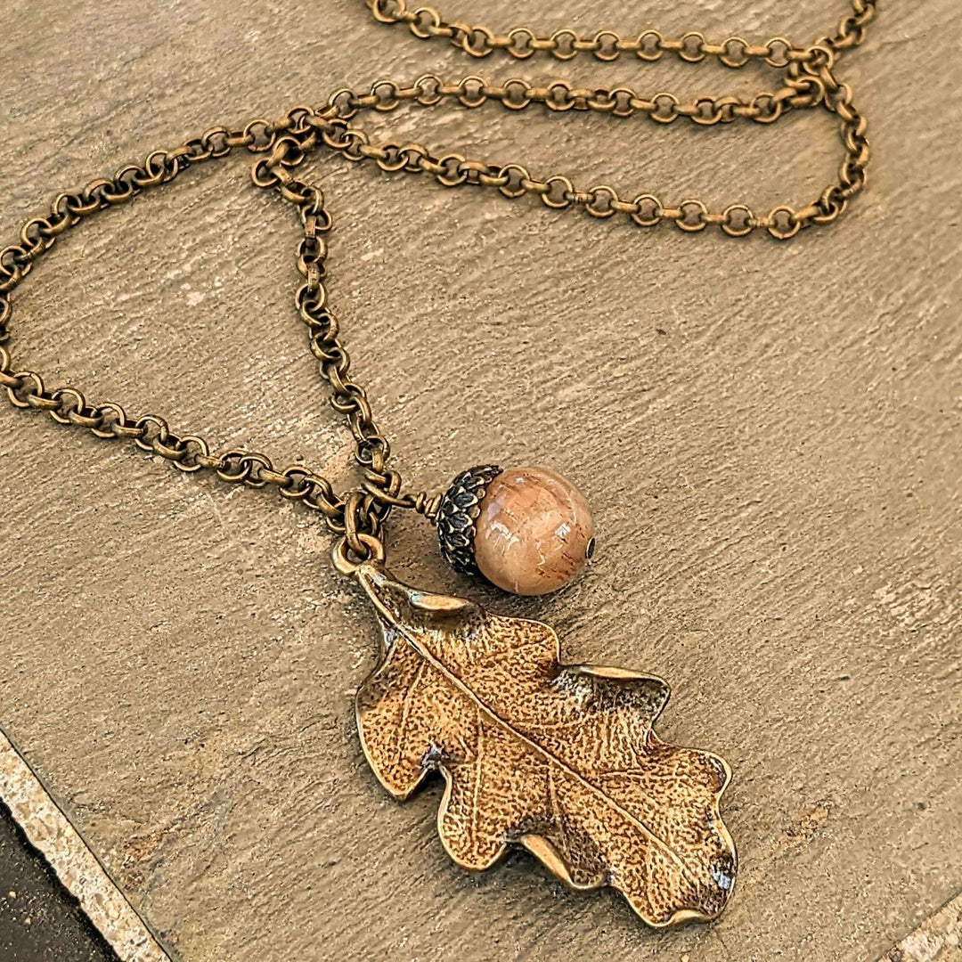 Moonstone Acorn Oak Leaf Necklace, Antique Bronze