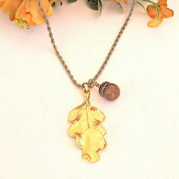 Moonstone Acorn Oak Leaf Necklace, Gold