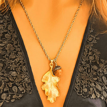 Moonstone Acorn Oak Leaf Necklace, Gold