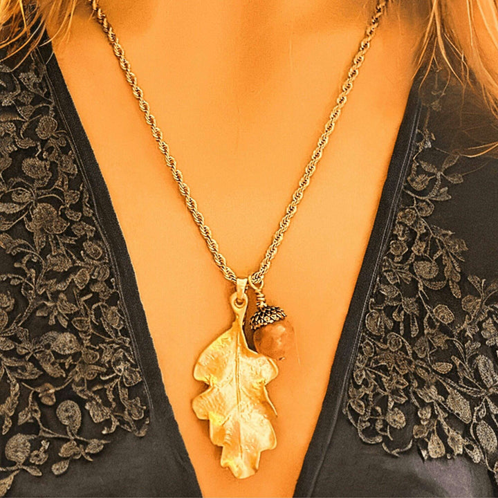 Moonstone Acorn Oak Leaf Necklace, Gold