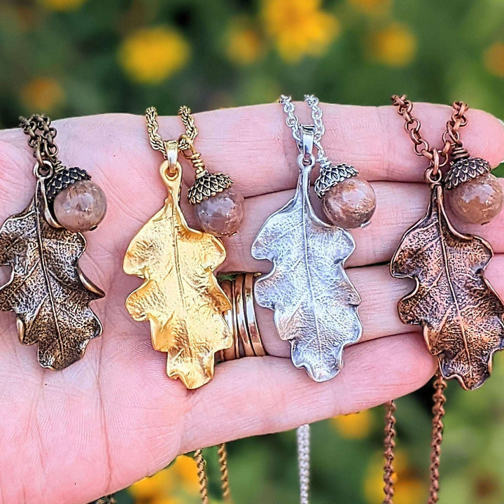 Moonstone Acorn Oak Leaf Necklace, Gold