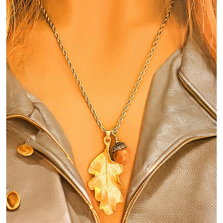 Moonstone Acorn Oak Leaf Necklace, Gold