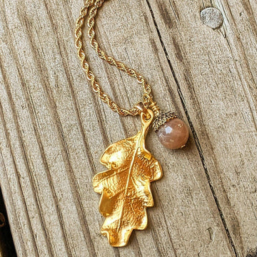 Moonstone Acorn Oak Leaf Necklace, Gold
