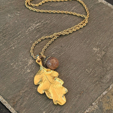 Moonstone Acorn Oak Leaf Necklace, Gold