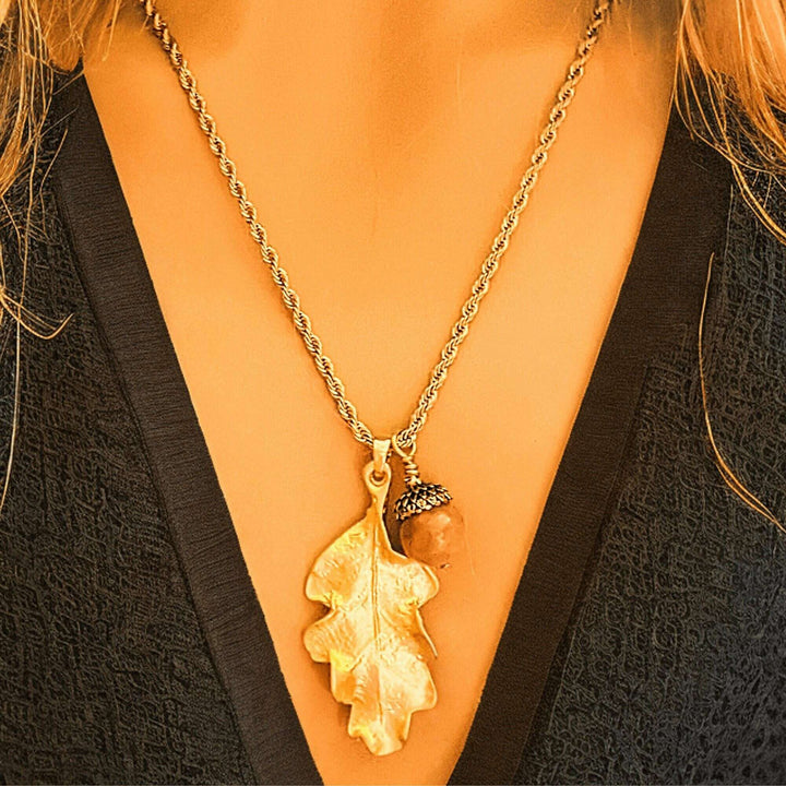 Moonstone Acorn Oak Leaf Necklace, Gold