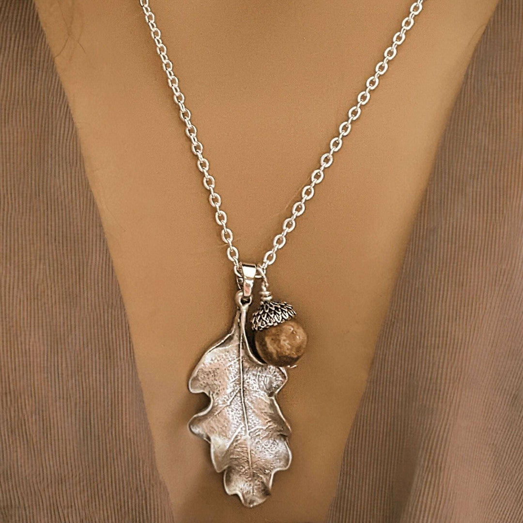 Moonstone Acorn Oak Leaf Necklace, Silver