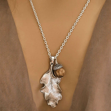 Moonstone Acorn Oak Leaf Necklace, Silver