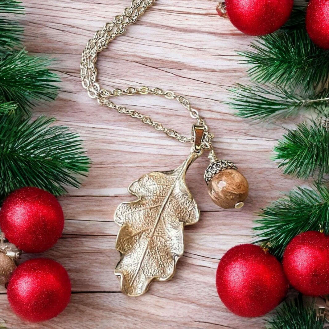 Moonstone Acorn Oak Leaf Necklace, Silver