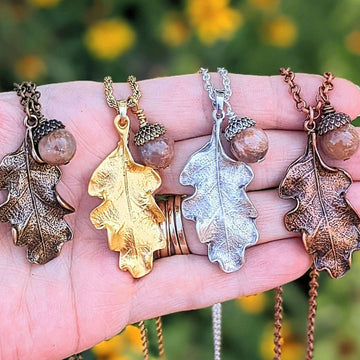 Moonstone Acorn Oak Leaf Necklace, Silver