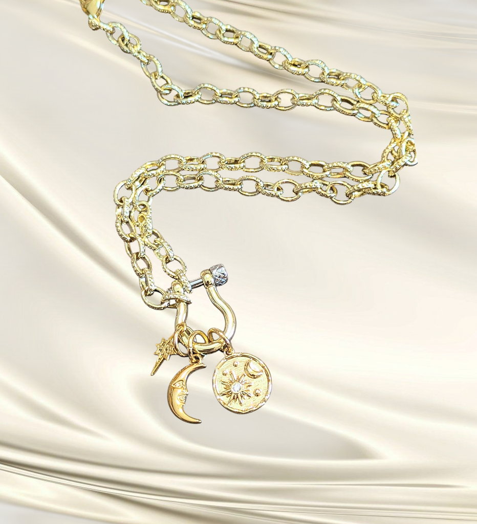Crescent Moon and Star Carabiner Necklace, Gold - 20 inch