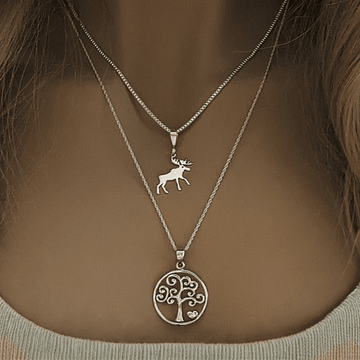 Moose & Tree of Life Necklace Set, Silver