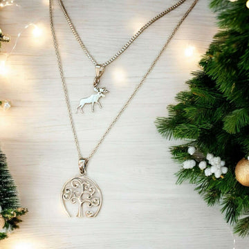 Moose & Tree of Life Necklace Set, Silver