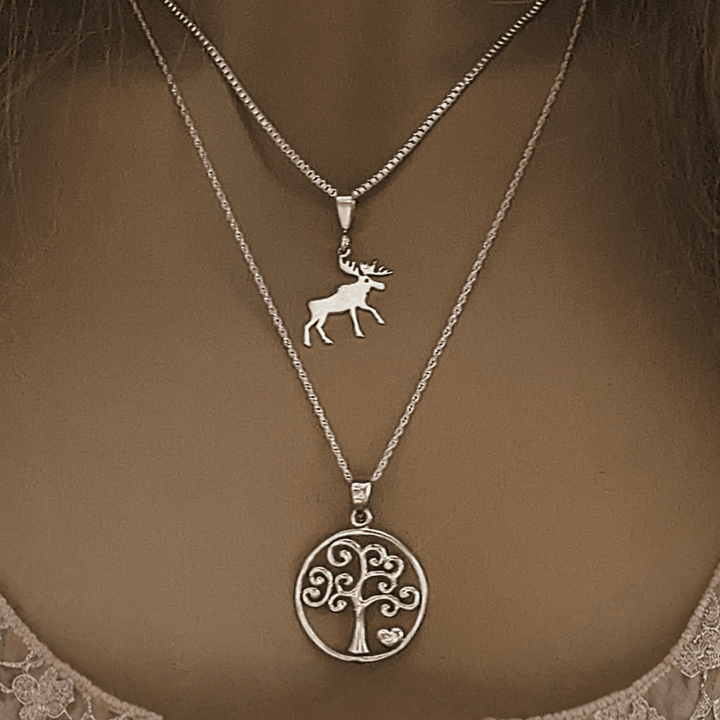 Moose & Tree of Life Necklace Set, Silver