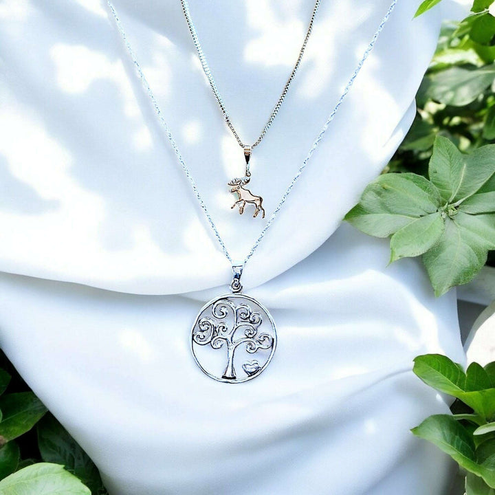 Moose & Tree of Life Necklace Set, Silver