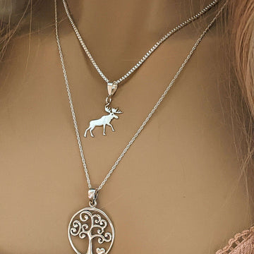 Moose & Tree of Life Necklace Set, Silver