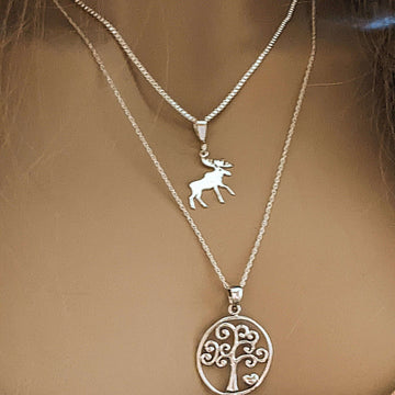 Moose & Tree of Life Necklace Set, Silver