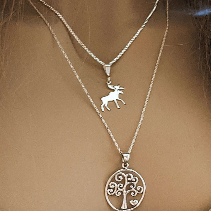 Moose & Tree of Life Necklace Set, Silver