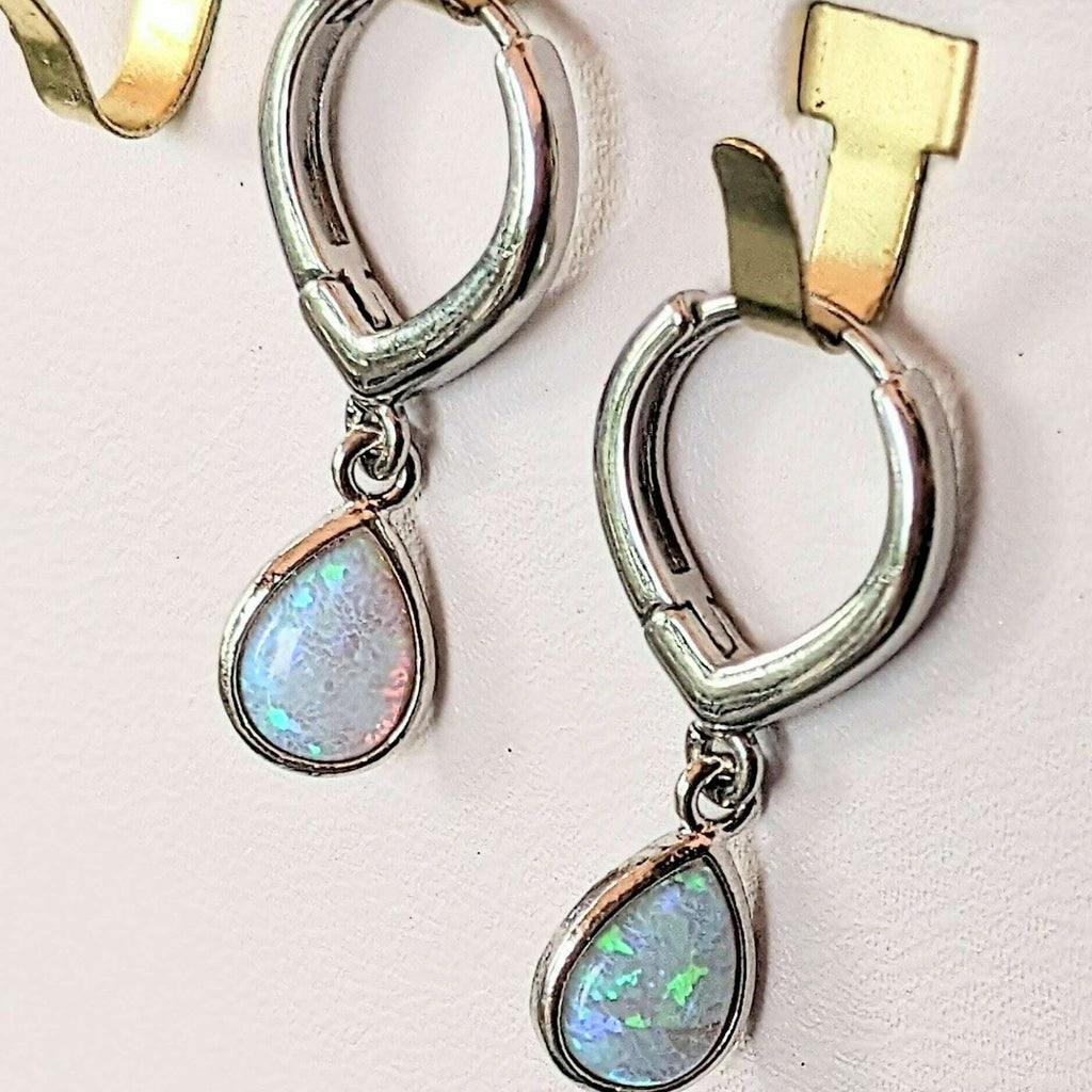 Opal Huggie Hoop earrings, 15mm Hoop Drop, Silver/Gold Silver