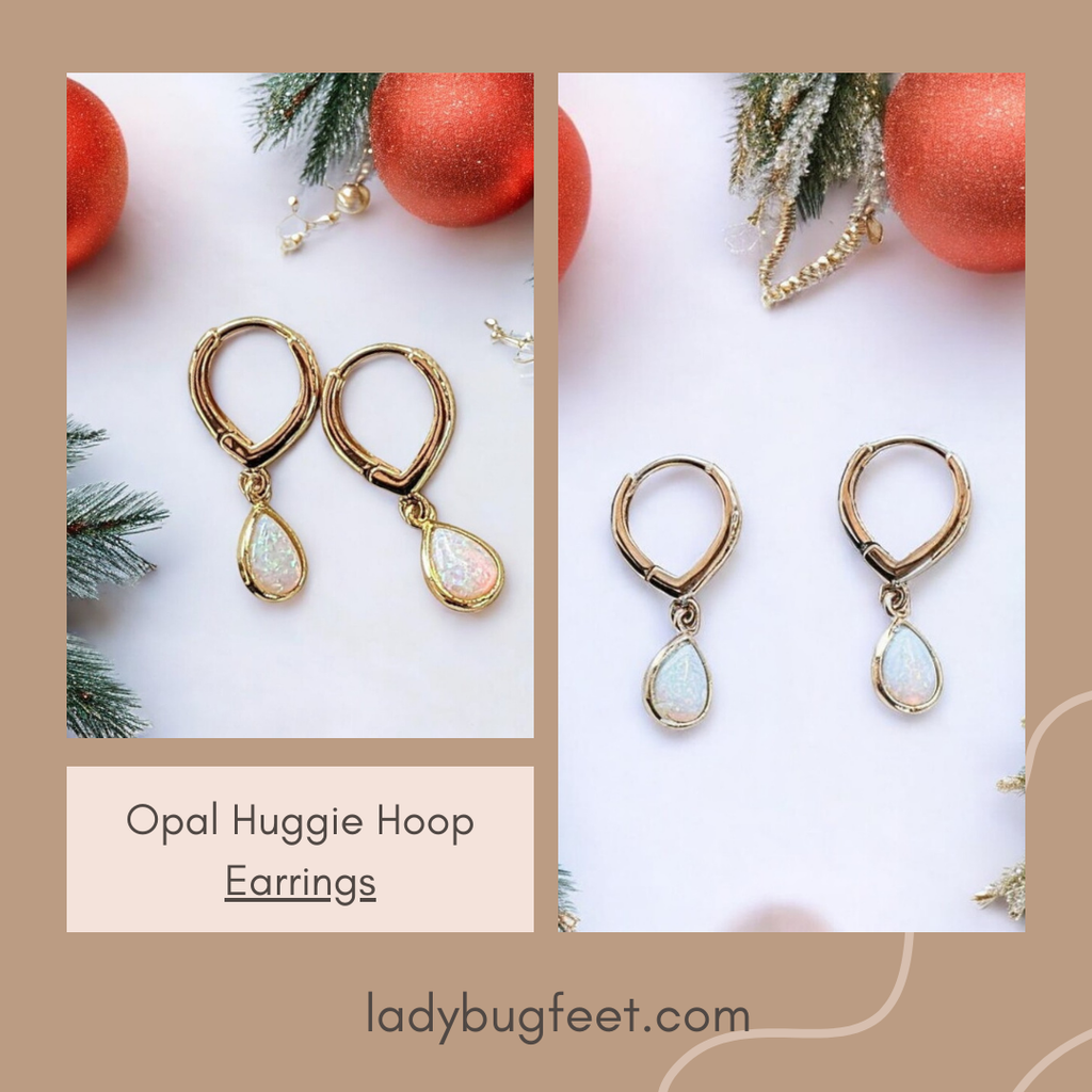 Opal Huggie Hoop earrings, 15mm Hoop Drop, Silver/Gold