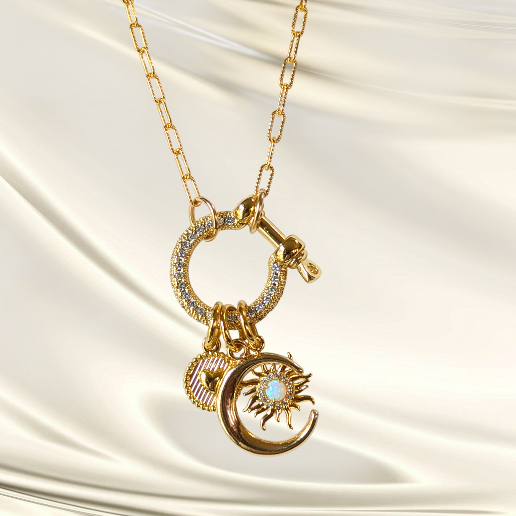 Opal Sun, Crescent Moon and Heart Carabiner Necklace, Gold - 20 inch