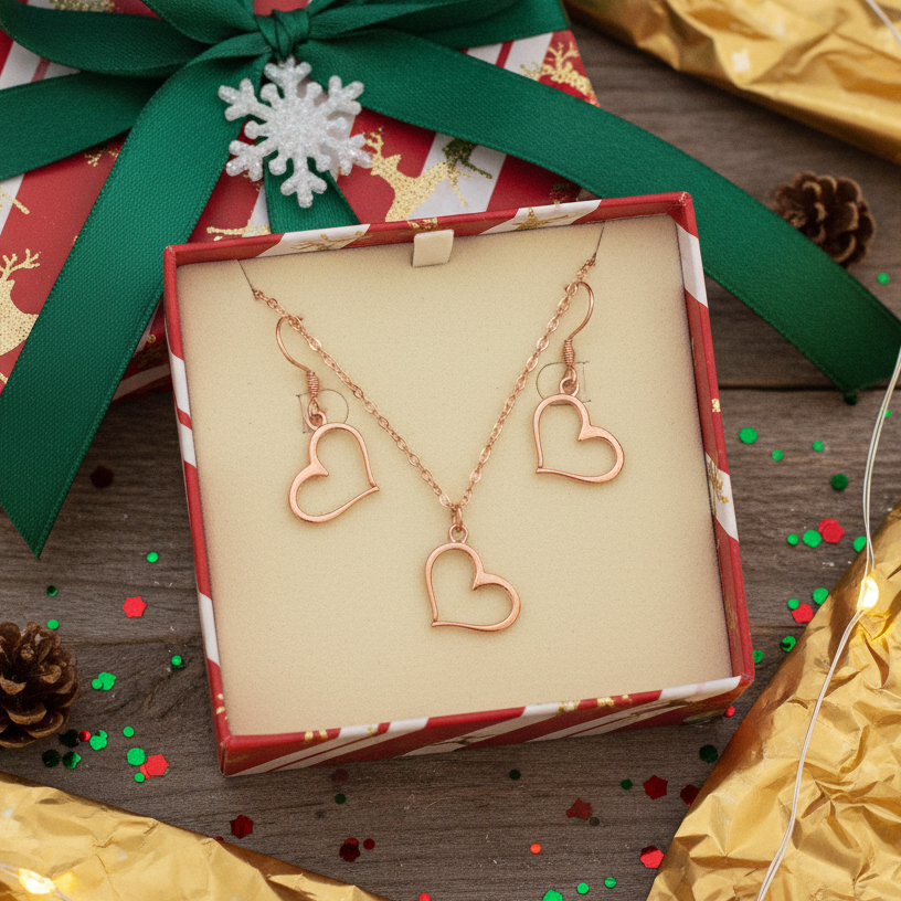 Open Heart necklace and earring set, Rose-Gold - 18 inch