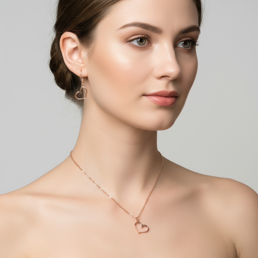 Open Heart necklace and earring set, Rose-Gold - 18 inch