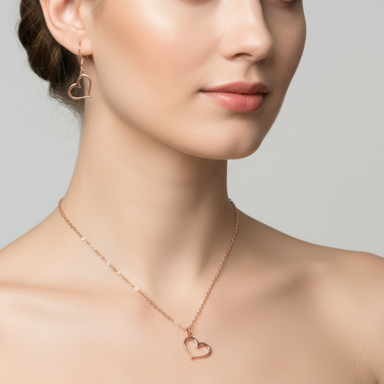 Open Heart necklace and earring set, Rose-Gold - 18 inch