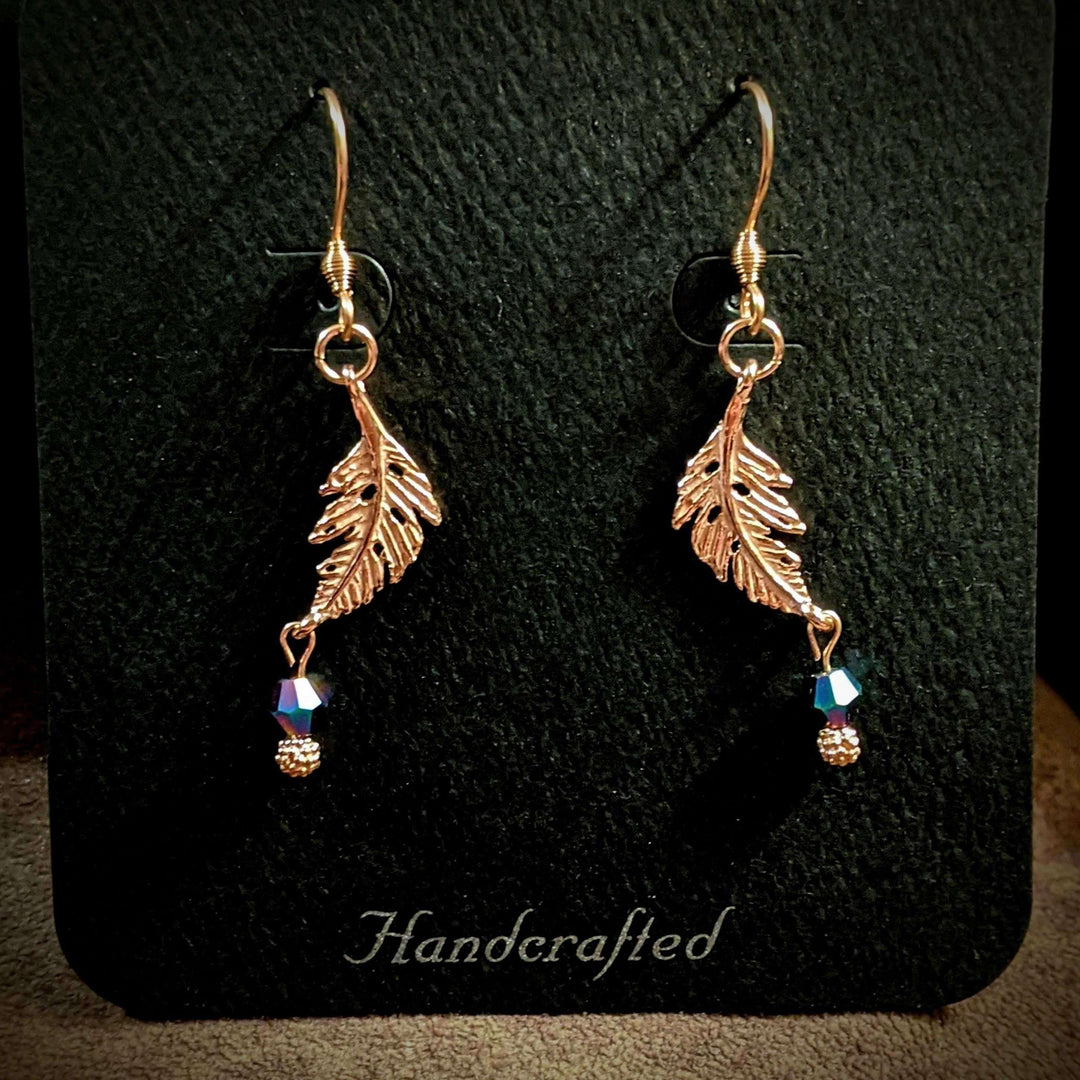 Peacock Crystal Feather Rose Gold dangle earrings