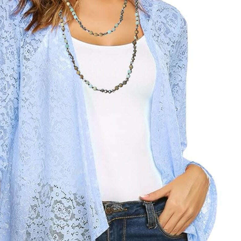 Picture Jasper/Amazonite Semi-Precious Gemstone Necklace with Pendants - 60 inch