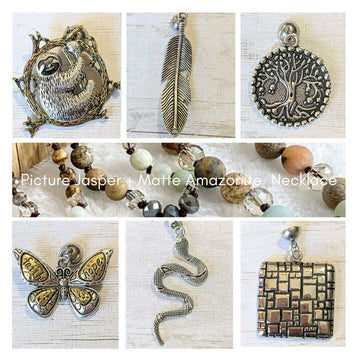 Picture Jasper/Amazonite Semi-Precious Gemstone Necklace with Pendants - 60 inch Necklace & Interchangeable Pendants