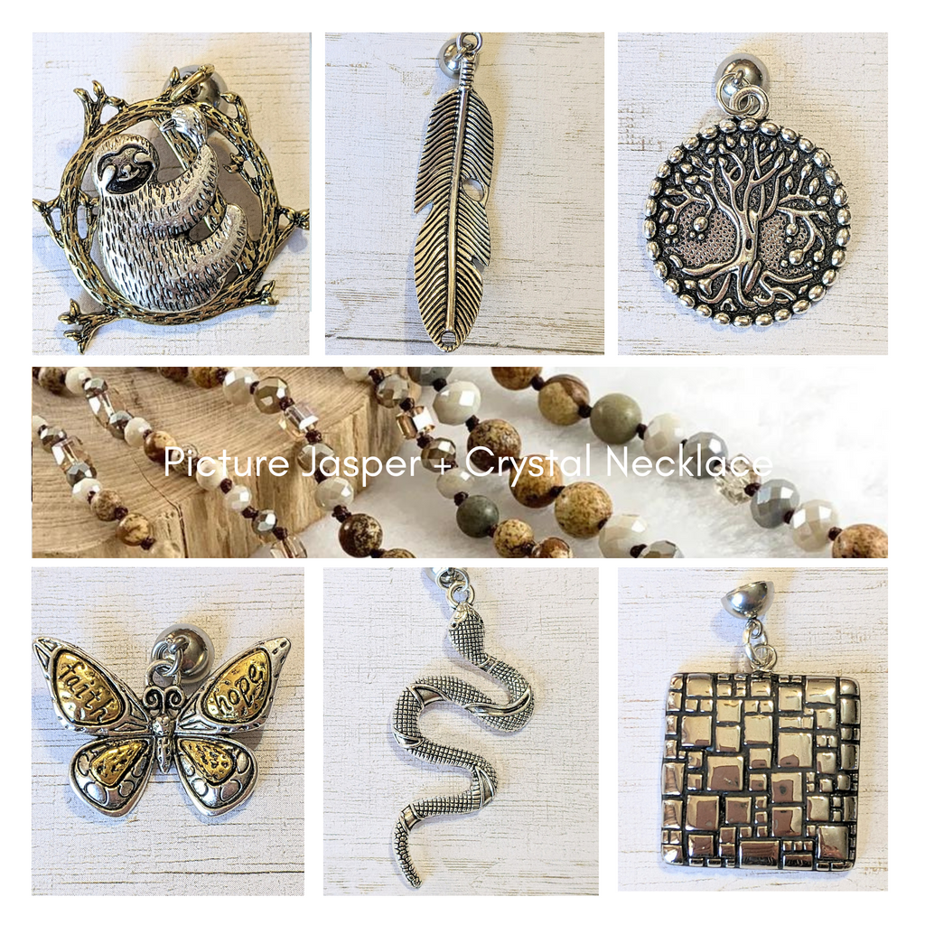 Picture Jasper Semi-Precious Gemstone Necklace with Pendants- 60 inch Necklace & Interchangeable Pendants