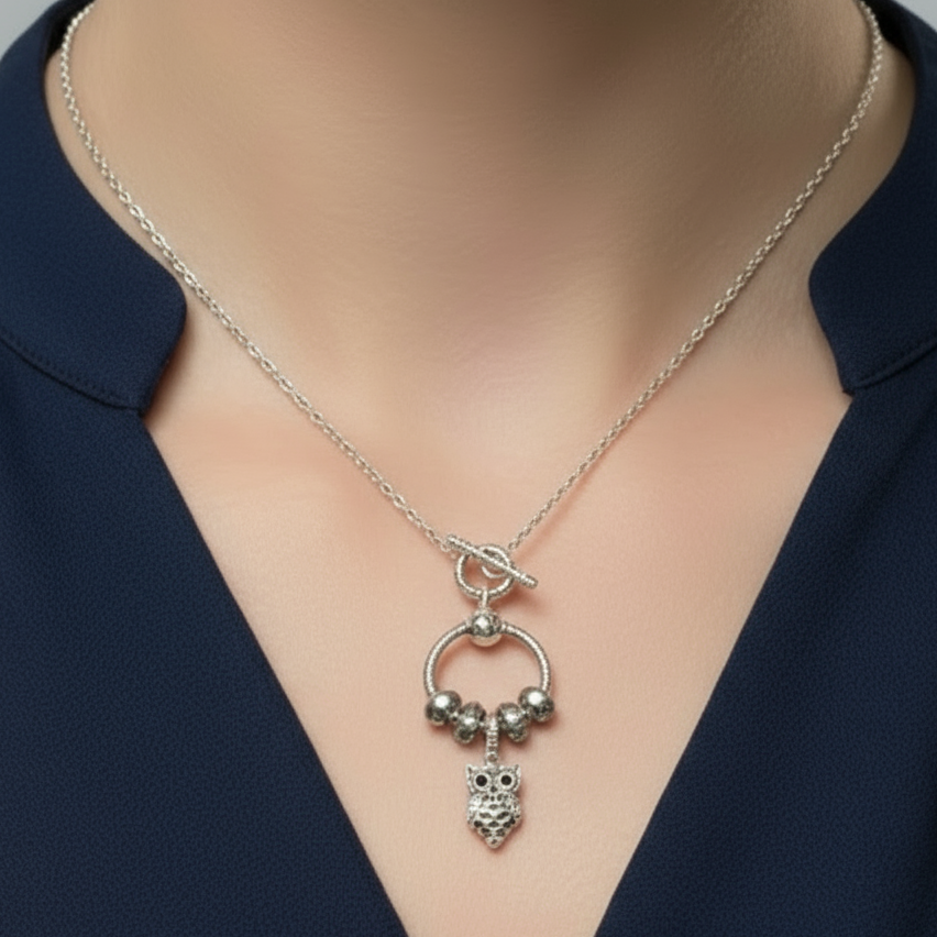 Pretty Owl Sterling Silver Toggle Charm Necklace, 20 inches