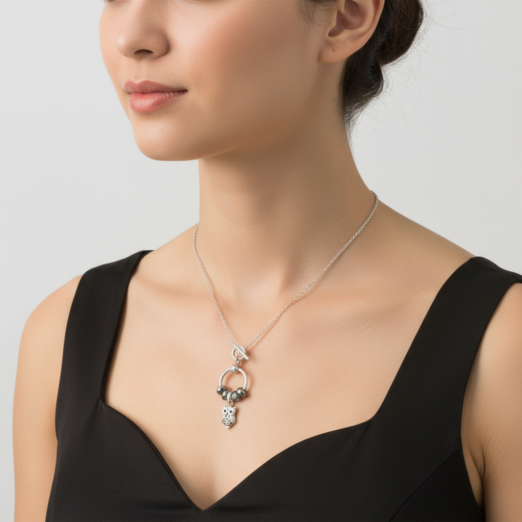 Pretty Owl Sterling Silver Toggle Charm Necklace, 20 inches