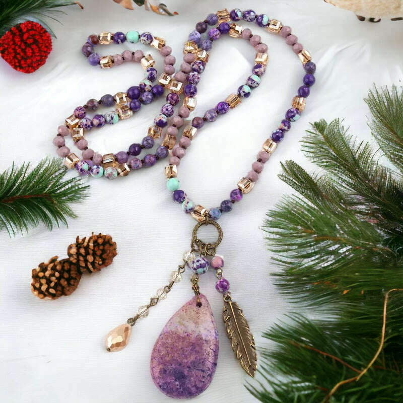 Purple Jasper Pendant Beaded Necklace - 34 inch