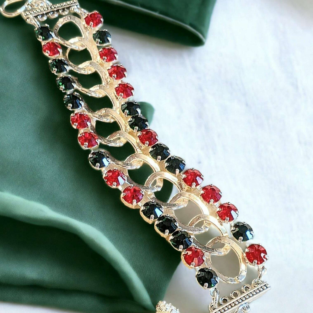 Red and Deep Green Multi Faceted Crystal Bracelet-Large 8 inch