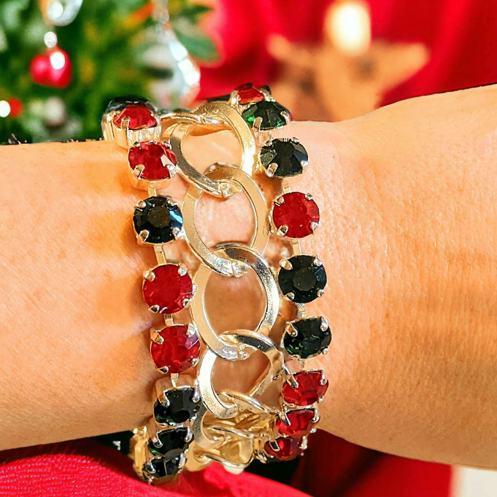 Red and Deep Green Multi Faceted Crystal Bracelet-Large 8 inch