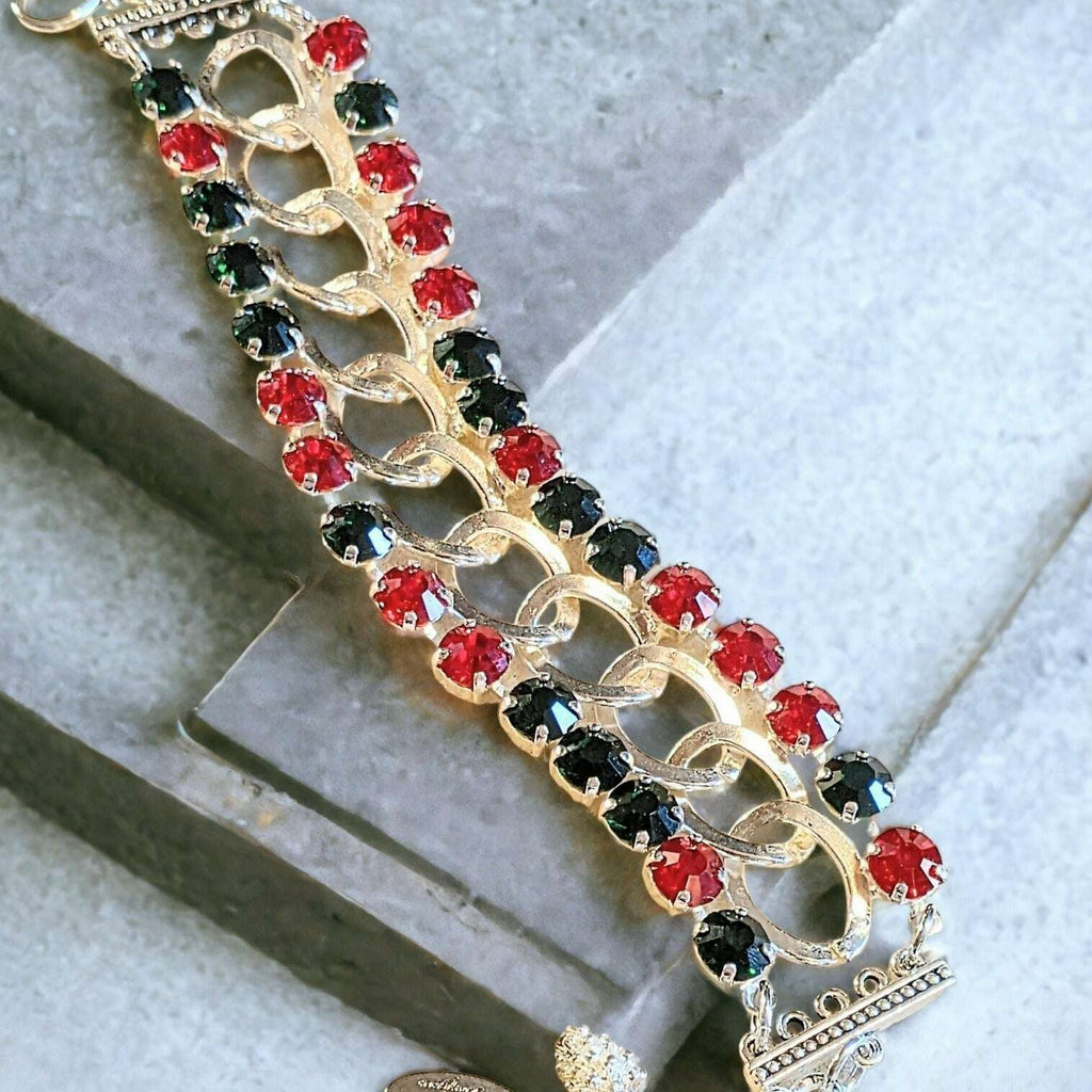 Red and Deep Green Multi Faceted Crystal Bracelet-Large 8 inch