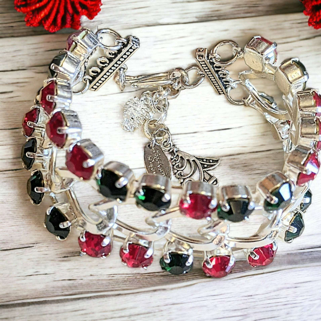 Red and Deep Green Multi Faceted Crystal Bracelet-Large 8 inch