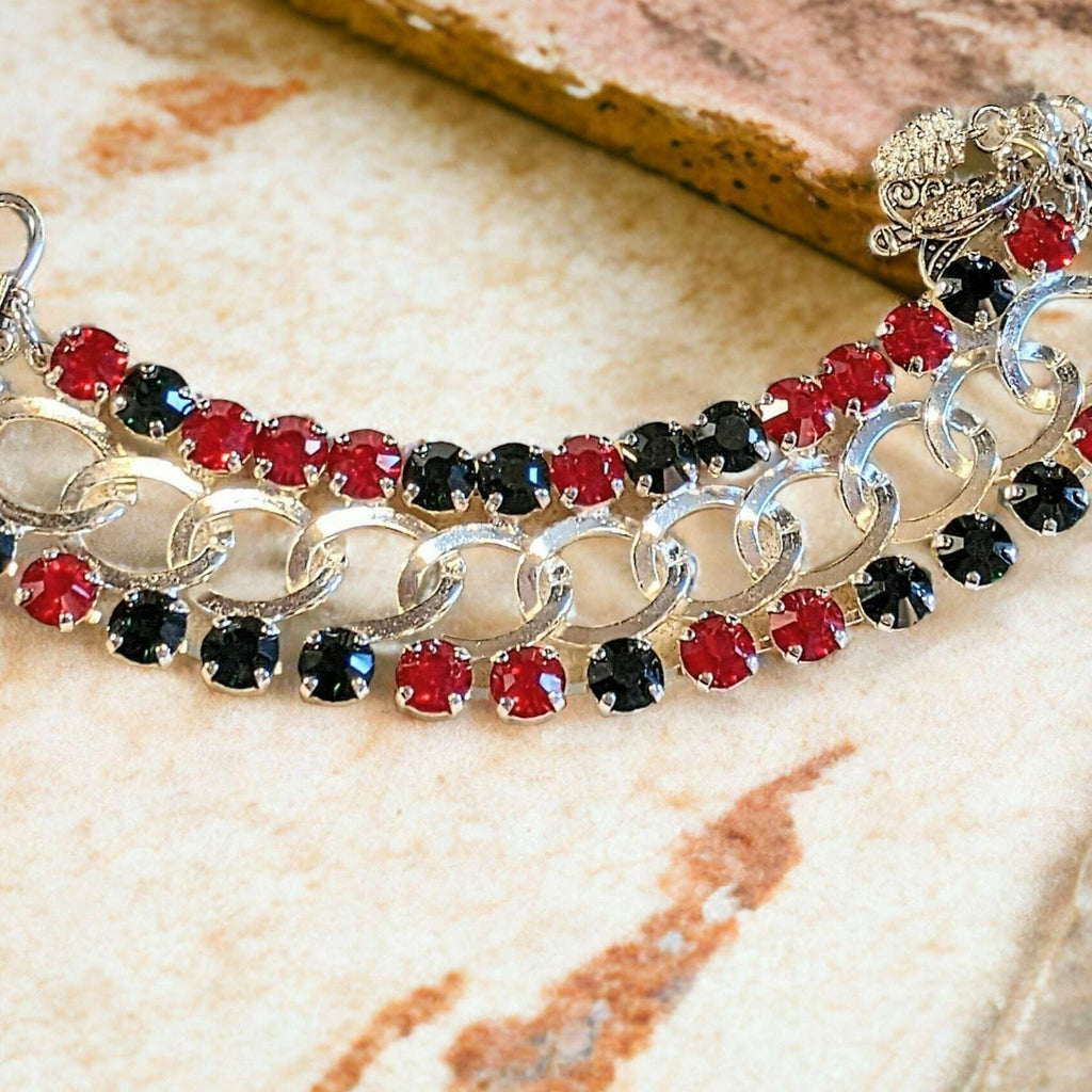Red and Deep Green Multi Faceted Crystal Bracelet-Large 8 inch