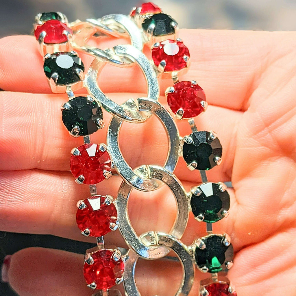 Red and Deep Green Multi Faceted Crystal Bracelet-Large 8 inch