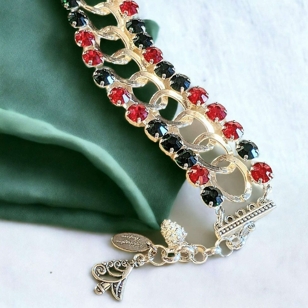 Red and Deep Green Multi Faceted Crystal Bracelet-Large 8 inch