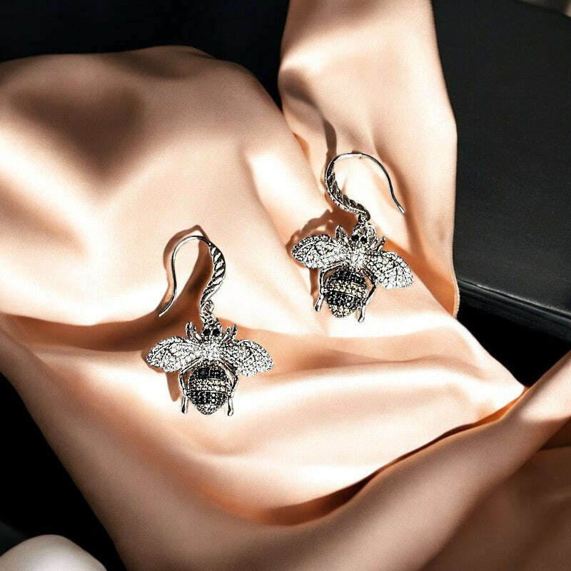 Rhinestone Honey Bee Sterling Silver Earrings