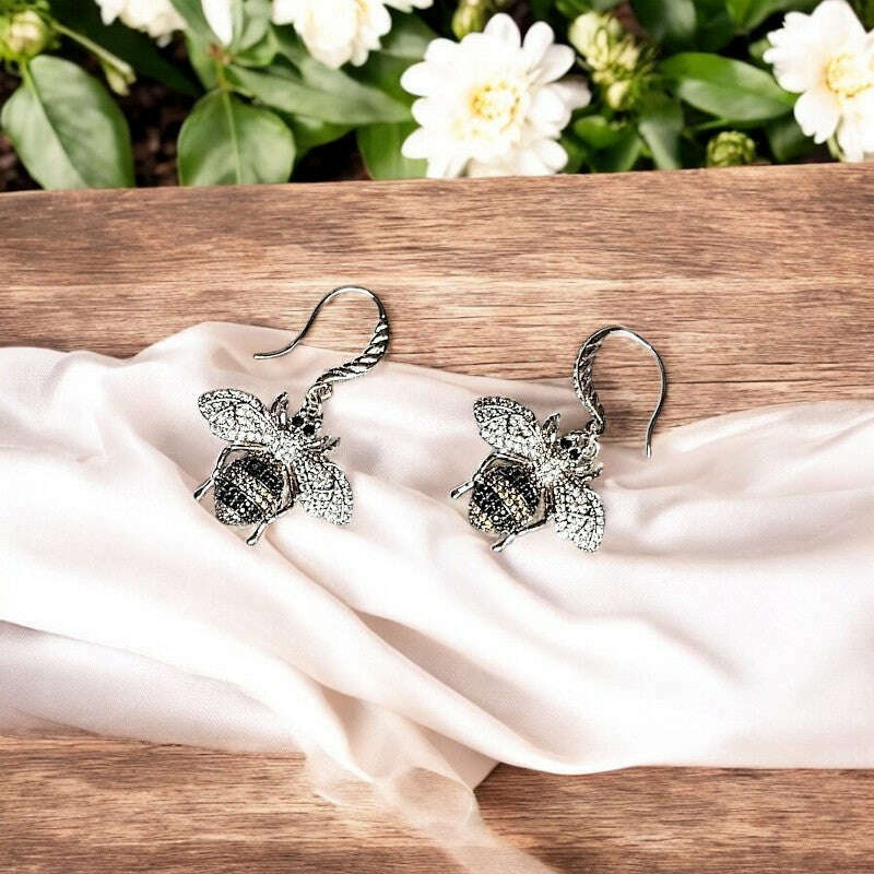 Rhinestone Honey Bee Sterling Silver Earrings