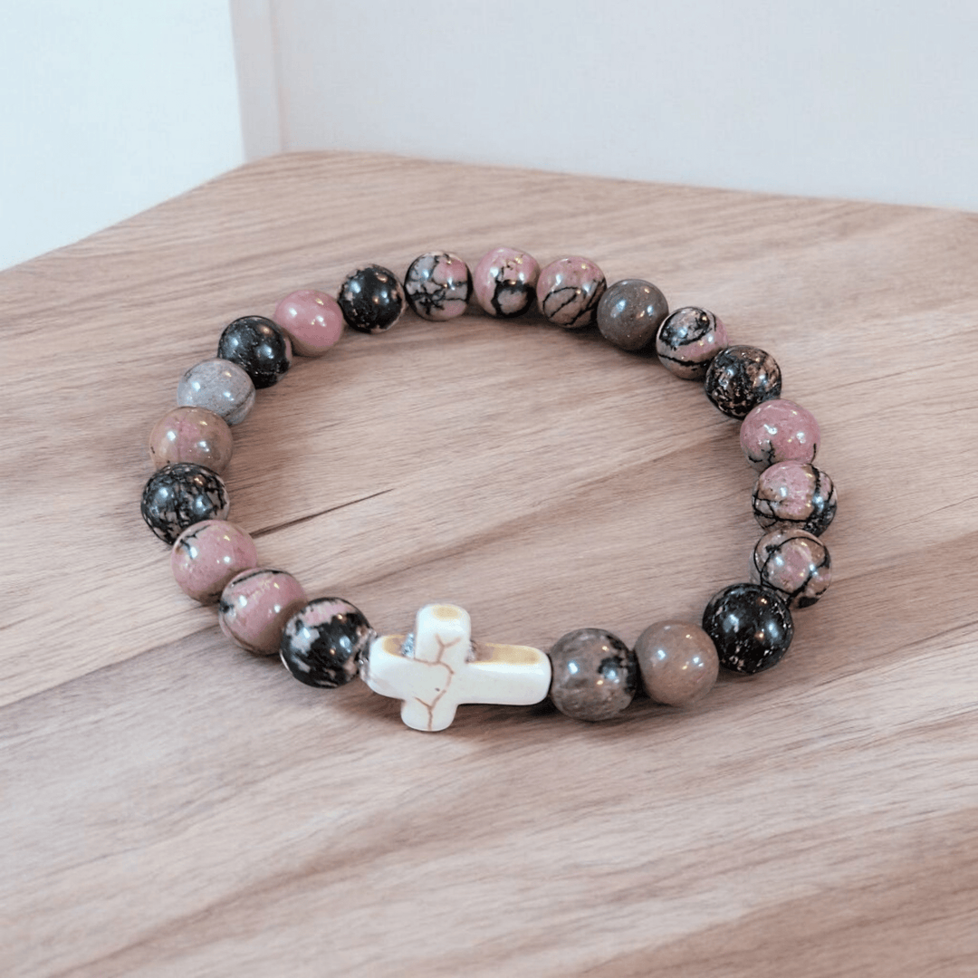 Rhodonite Pink Zebra Beaded Cross Stretch bracelet